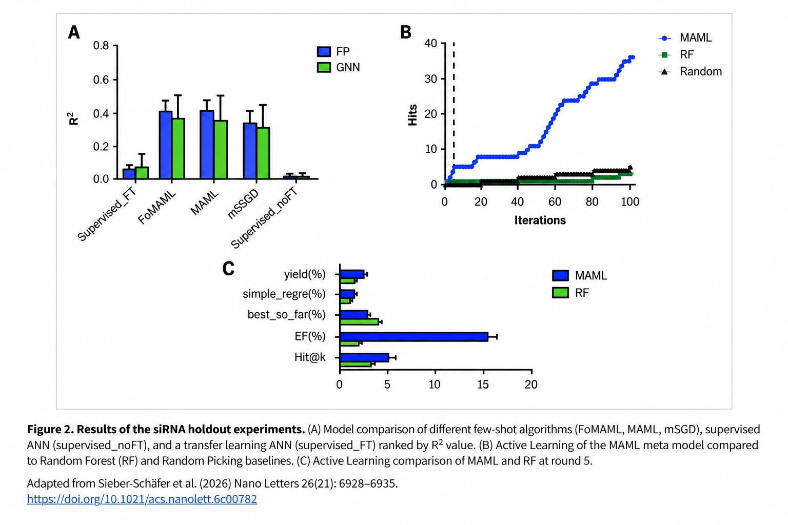 Sieber-Schäfer et al., Nano Letters (2026), Figure 2: siRNA holdout and active-learning results